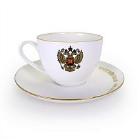 8618 ПГ Чайная пара (чашка+блюдце) из костяного фарфора  герб РФ в интернет-магазине фарфоровой посуды Акку